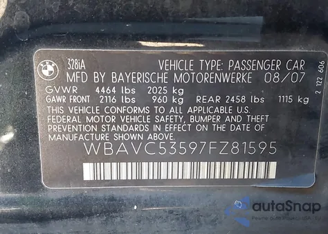 2007 BMW 328I from USA, damaged, VIN WBAVC53597FZ81595